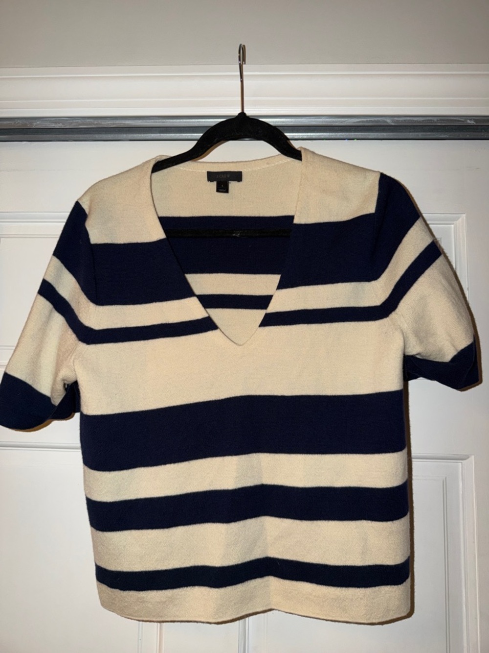J. Crew Navy and Cream Striped Short-Sleeve V-Neck Sweater